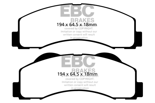 ~(6.6 lbs. 4X4X4)~ EBC YELLOWSTUFF PERFORMANCE PADS EBC Brakes Performance brake pads made for cars trucks and SUVs. Extreamly high friction coefficient and temperature range enhances braking substantially over OEM pads. Spirited street pads that are also