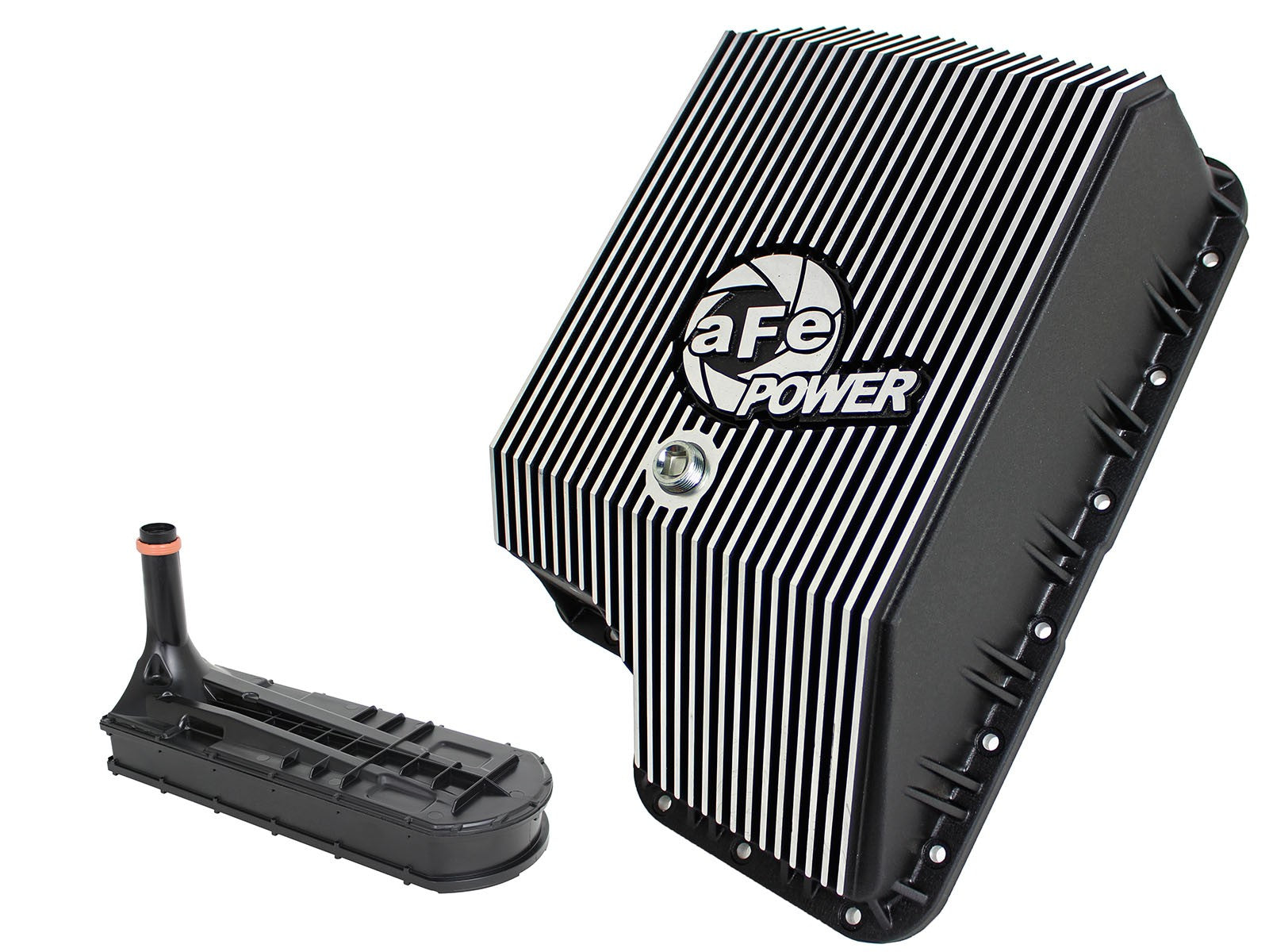~(17 lbs. 17X13X7)~ aFe Power Transmission Pan Black w/ Machined Fins Ford Diesel Trucks 94-10 V8-7.3L/6.0L/6.4L (td)
