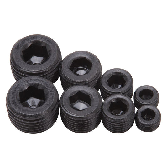 FITTINGS PIPE PLUG KIT INTERNAL ALLEN HEAD 1/8in 1/4in 3/8in 1/2in NPT (SET OF 8) BLACK