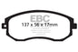 ~(5 lbs. 3X3X3)~ EBC REDSTUFF CERAMIC PADS Low dust EBC Redstuff is a superb pad for fast street use and targets high HP imports muscle cars and prestige European cars. EBC Redstuff ceramic pads reduce dust emitted by OEM pads by approx 80 percent. Redstu