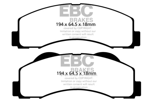 ~(6.6 lbs. 4X4X4)~ EBC YELLOWSTUFF PERFORMANCE PADS EBC Brakes Performance brake pads made for cars trucks and SUVs. Extreamly high friction coefficient and temperature range enhances braking substantially over OEM pads. Spirited street pads that are also