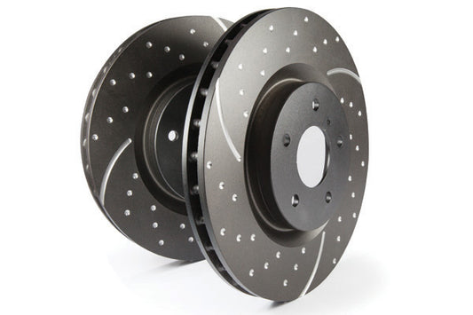 ~(53 lbs. 14X8X8)~ EBC GD SERIES SLOTTED AND DIMPLED ROTORS The latest in sport rotors features wide aperture slots that draw cool air into the braking contact area and reduce temperatures preventing brake fade. Dimple drilling avoids stress cracks and th
