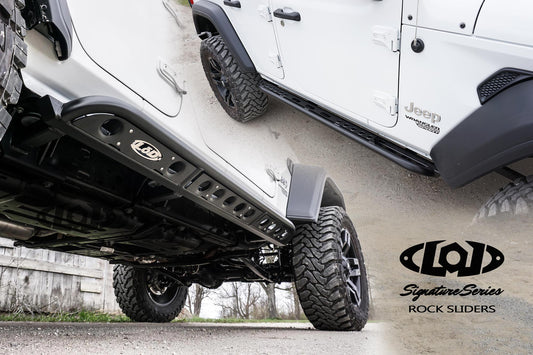 ~(138 lbs. 70X16X14)~ 2018-20xx Jeep JL Wrangler Signature Series Frame Mounted 4 Door Rocksliders - Black Powder Coated
