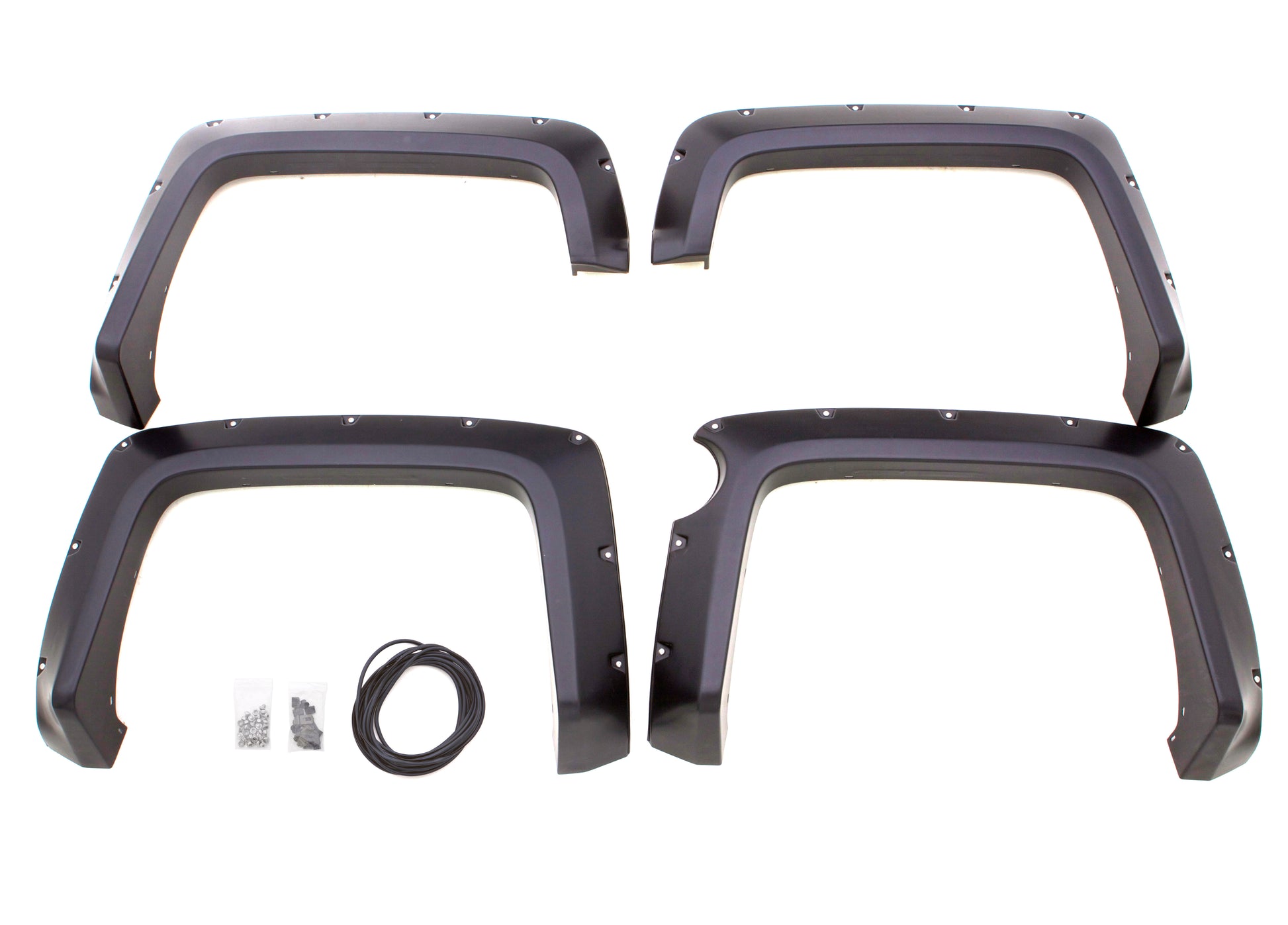 ~(22 lbs. 52X34X11)~ 2014-2015 CHEVROLET SILVERADO 1500 6 ft AND 8 ft BEDS BLACK RX-RIVET STYLE 4PC SMOOTH FENDER FLARE ELITE SERIES