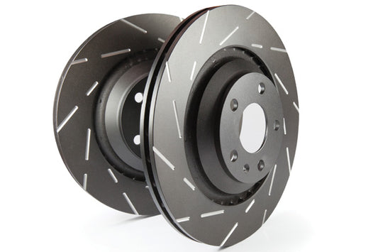 ~(35 lbs. 14X8X8)~ EBC USR SLOTTED ROTORS EBC Brakes USA series slotted rotors feature a new narrow slow to eliminate wind noise heard when using most sport rotors which means they are noise free from the get go. Black geomet coating leaves a nice impress