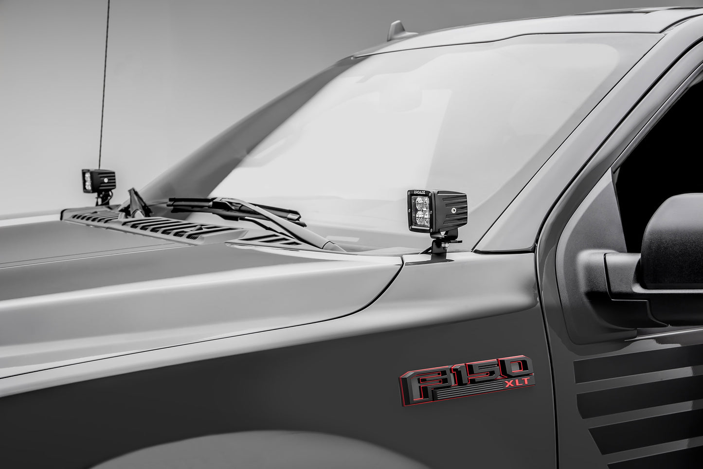 ~(6 lbs. 14X9X8)~ 2018 FORD F150: Hood Hinges LED Light Bar Mounts - By A Pillar - for mounting Two 3 IN Zroadz Cube Pod Work Lights or Similar Style Light - Bolts On to Hood Hinges - Easy Install