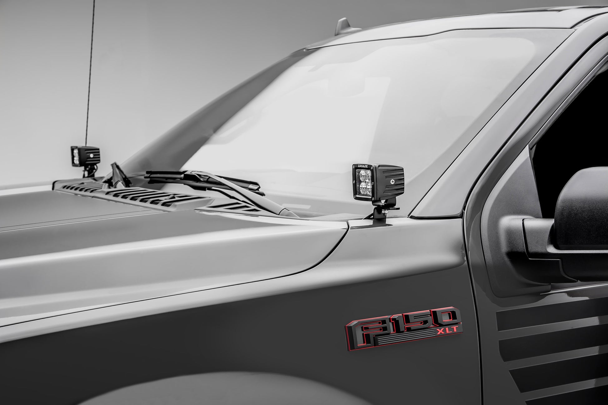 ~(6 lbs. 14X9X8)~ 2018 FORD F150: Hood Hinges LED Light Bar Mounts - By A Pillar - for mounting Two 3 IN Zroadz Cube Pod Work Lights or Similar Style Light - Bolts On to Hood Hinges - Easy Install